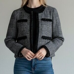 J.Crew Tweed Blazer‎ Jacket Plaid Black White Collar Women 4 Business Office